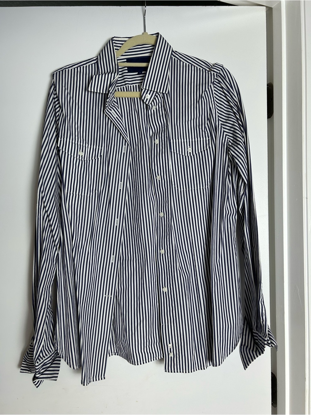 Faconnable Navy and White Vertical Stripe Dress Shirt